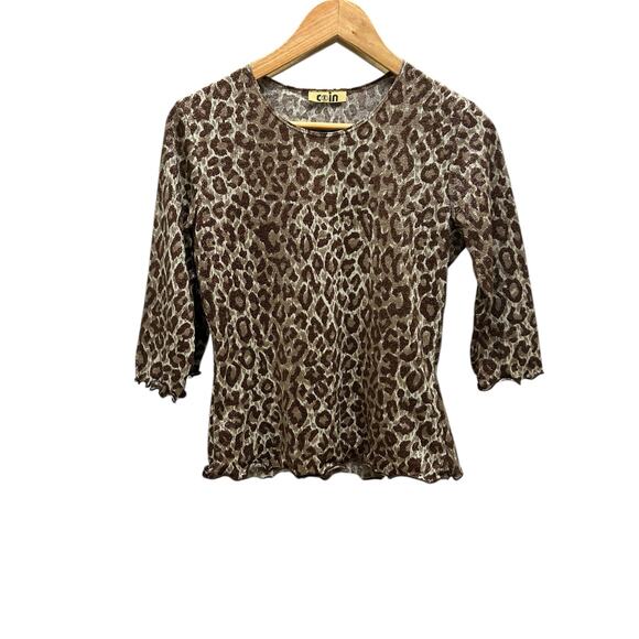 Coin Cheetah Print Top Small Stretchy Long Sleeve Animal‎ Print - Picture 1 of 6